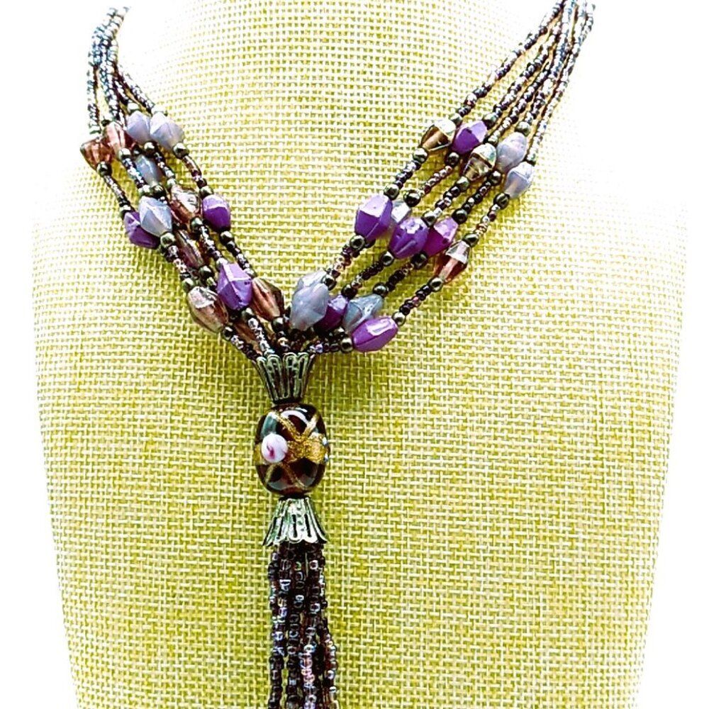 VTG Multi-Strand Beaded Necklace with Focal Bead & Tassel Purple Bronze Lilac